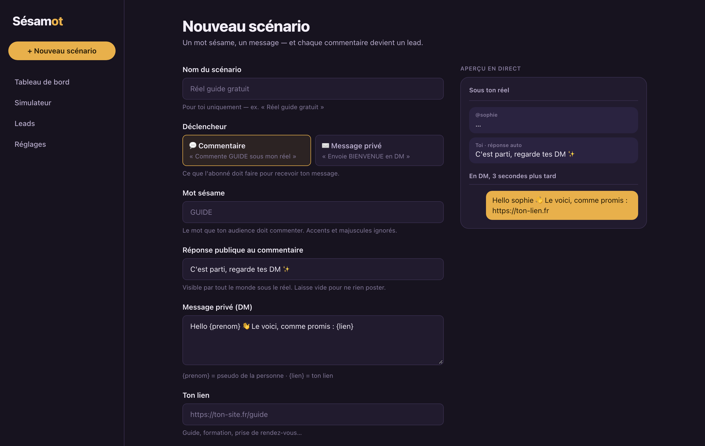 Création d’un scénario dans Sésamot : mot-clé, message et aperçu du DM