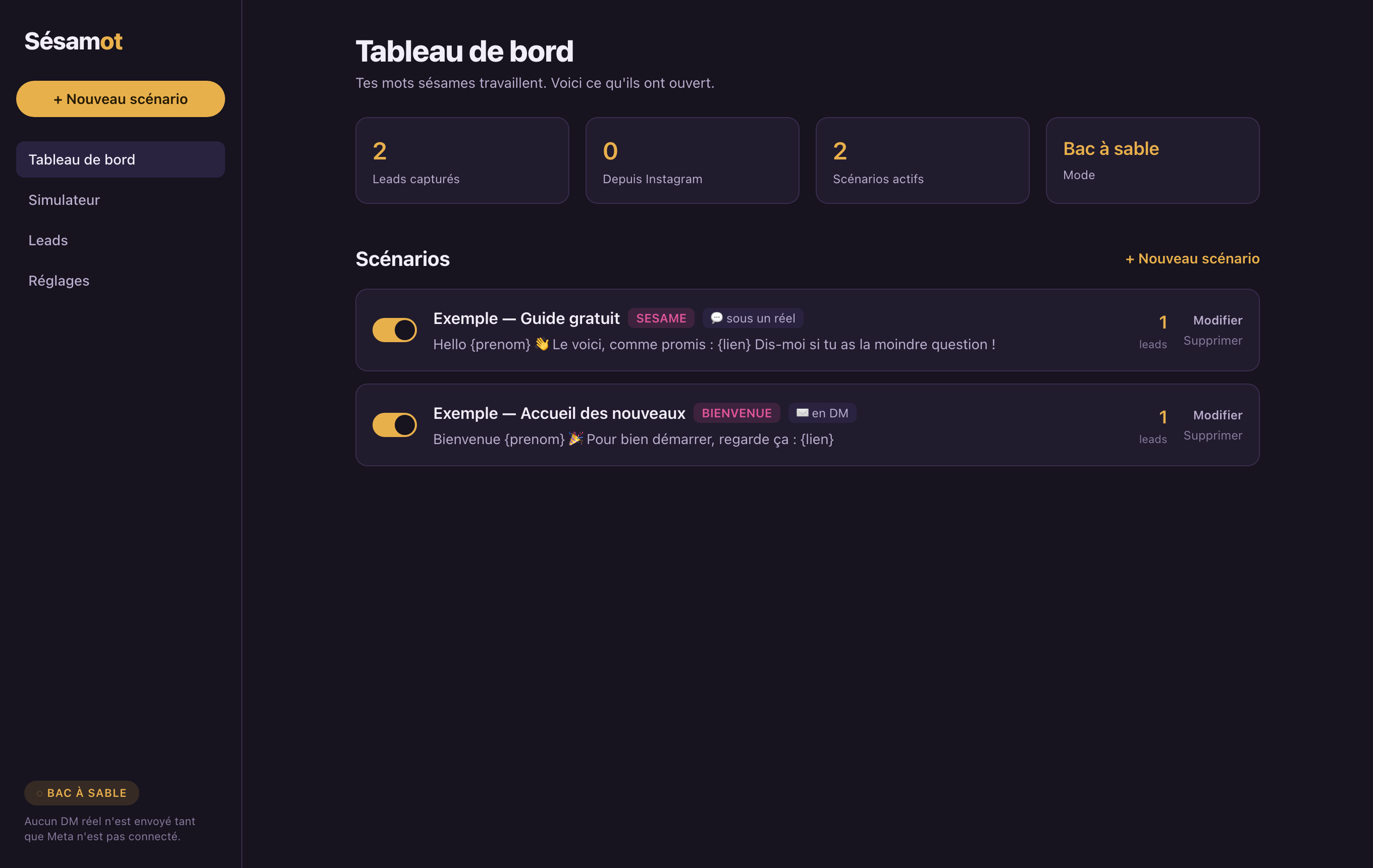 Tableau de bord de Sésamot : leads capturés, scénarios actifs avec leur mot-clé
